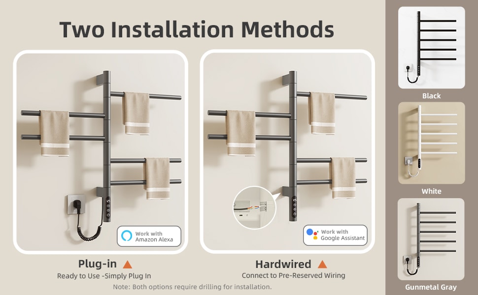 SIOYIE Smart Rotating Heated Towel Rack For Bathroom, Wall-Mounted Electric Towel Dryer With Swivel Bars, Smart Timer, Low Carbon Steel, IPX5, Plug-in/Hardwired, Towel Warmer With Wi-Fi App ControlW_voghion.com